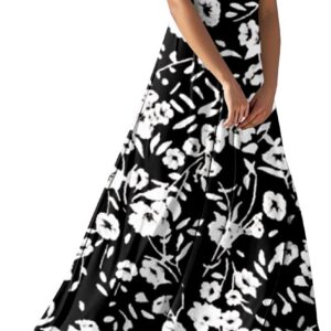 Ladies Short Puff Sleeve V Neck Floral Boho Dresses Flared Flowy Chiffon Maxi Dress Summer Beach Holiday Sundress for Women