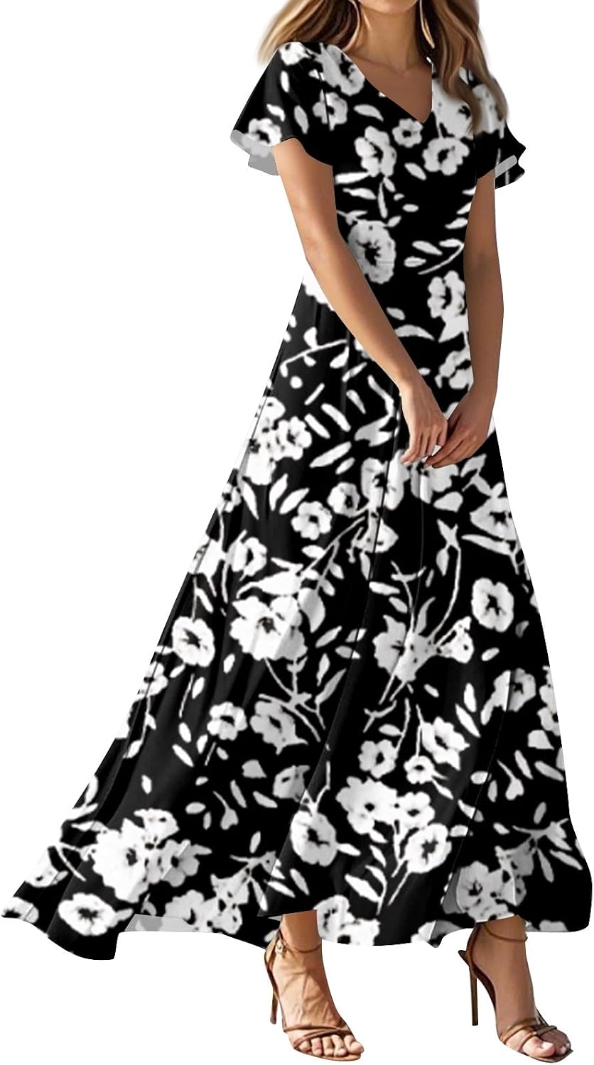Ladies Short Puff Sleeve V Neck Floral Boho Dresses Flared Flowy Chiffon Maxi Dress Summer Beach Holiday Sundress for Women