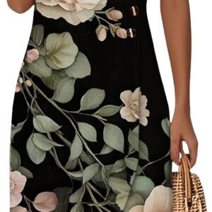 Linen Dresses for Women UK Skirts for Women UK Summer Bohemia Floral Printed Midi Dress with Pockets Elegant V Neck Long Dresses Vintage Short Sleeve Dress