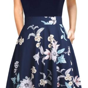 Womens Elegant Criss-Cross V Neck Vintage Short Sleeve Work Casual Party Swing Tea Dress with Pockets DS978, Blue Floral, Medium