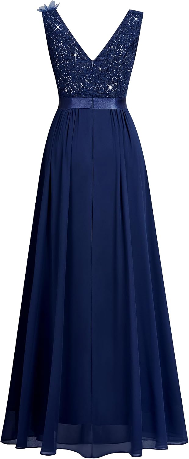 MIUSOL Women's Vintage V-Neck Sleeveless Sequined Lace Split Wedding Formal Evening Maxi Dress - Image 6