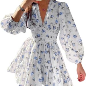 Women’s Floral Long Sleeve Flowy A-Line V Neck Mini Dress
