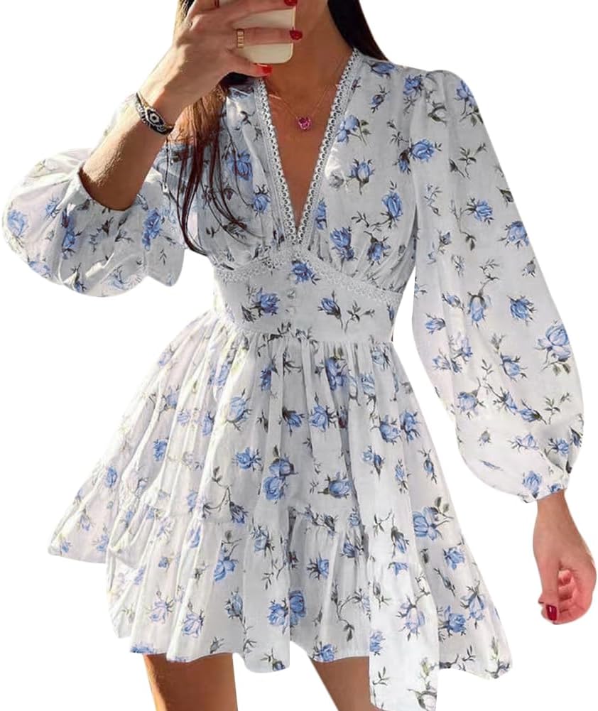 Women's Floral Long Sleeve Flowy A-Line V Neck Mini Dress