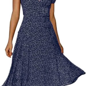 Dresses for Women UK Sale Clearance, Ladies Short Sleeve Maxi Dress V Neck Floral Swing A-Line Midi Frock Beach Boho Polka Dot Attire Casual Loose Evening Party Elegant Wedding Guest Outfit