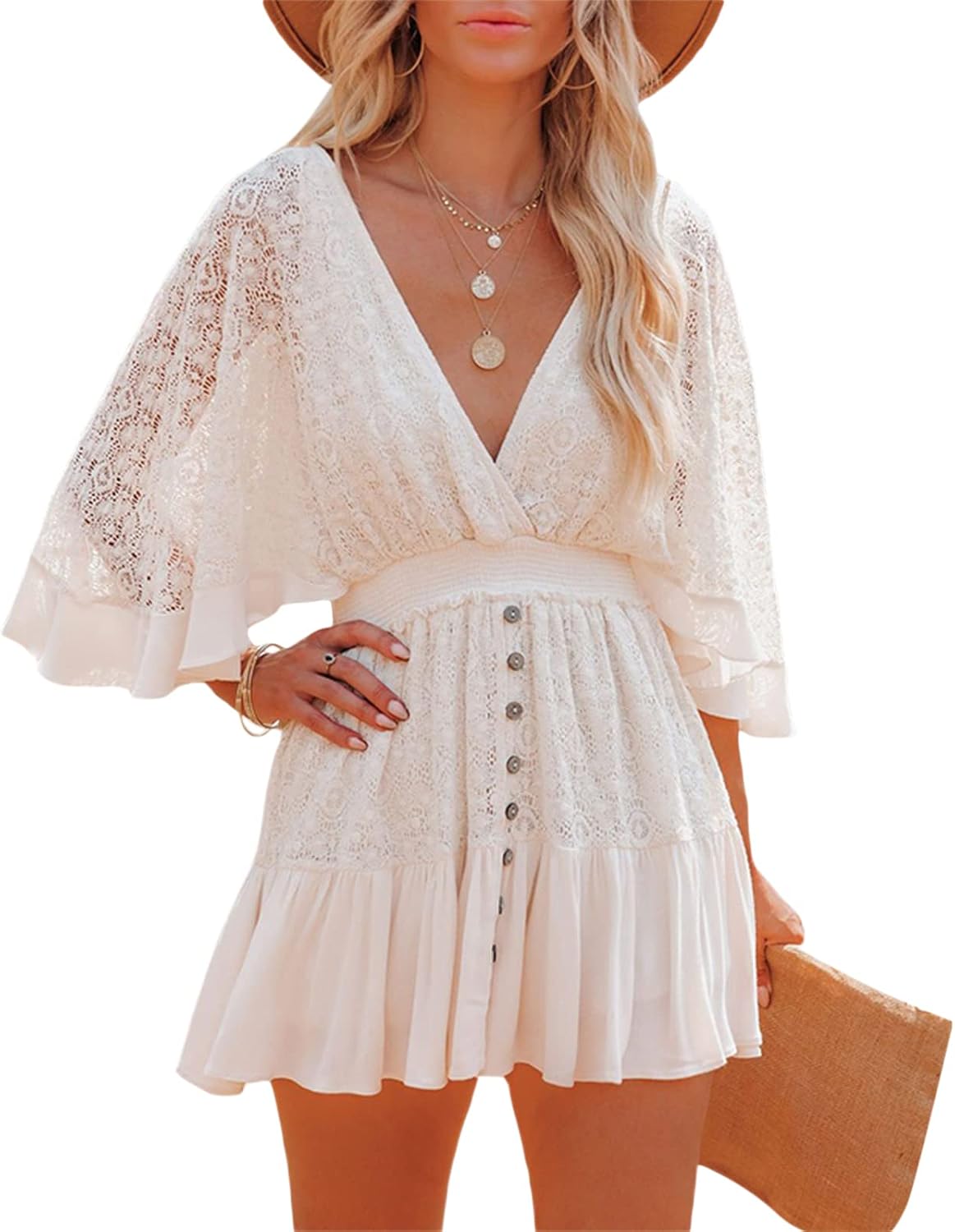 LYSINK Women Lace Cover Up Sexy Lace Floral Bikini Cover Ups Long Sleeves V Neck Cutout Crochet Mini Dress Summer Beachwear - Image 2