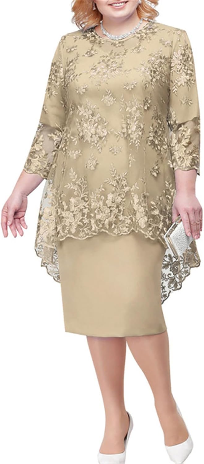 Zeiayuas Plus Size Dresses for Women UK Lace Floral Embroidered Cocktail Dress 3/4 Sleeve Elegant Midi Dresses Tunic Evening Dresses Sparkly Glitter Party Dresses Wedding Guest Gown