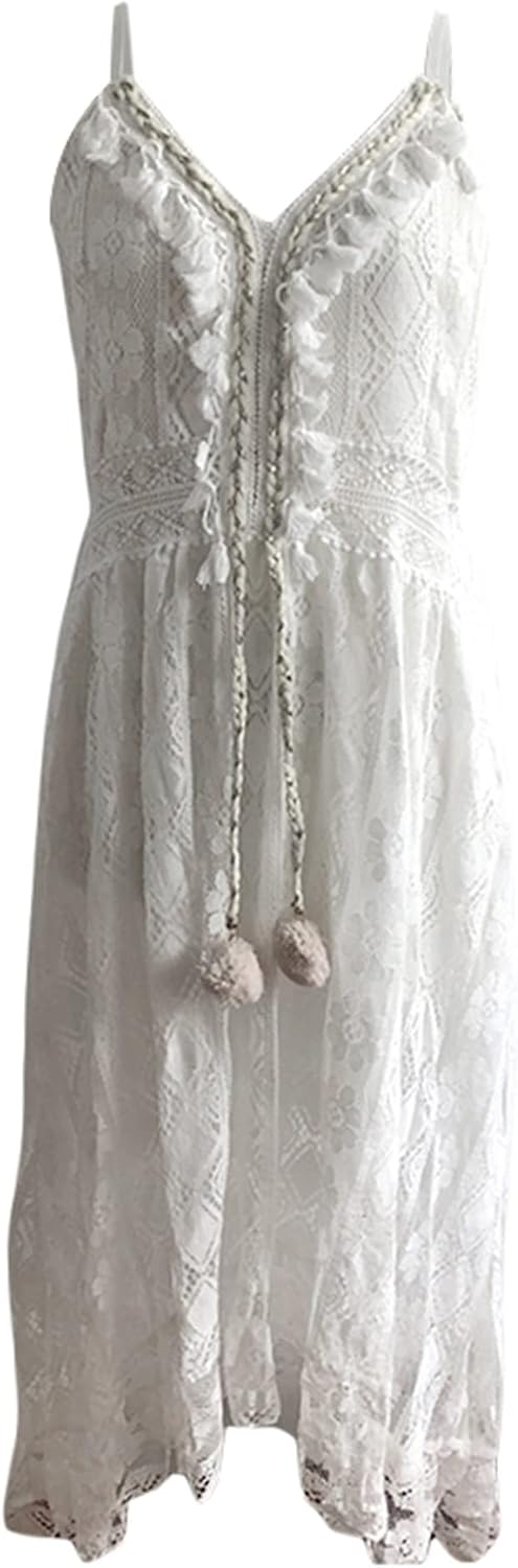 Yoisdtxc Women's Summer Casual Lace Hem Dress Deep V Neck Sleeveless Beachwear Spaghetti Straps Backless Ruffle Mini Dress - Image 2