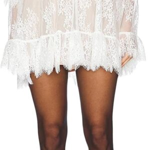 Womem’s Sexy Lace See Through Floral Mini Dress Long Sleeve High Neck Sheer Short Dresses Going Out Beach Cover Ups