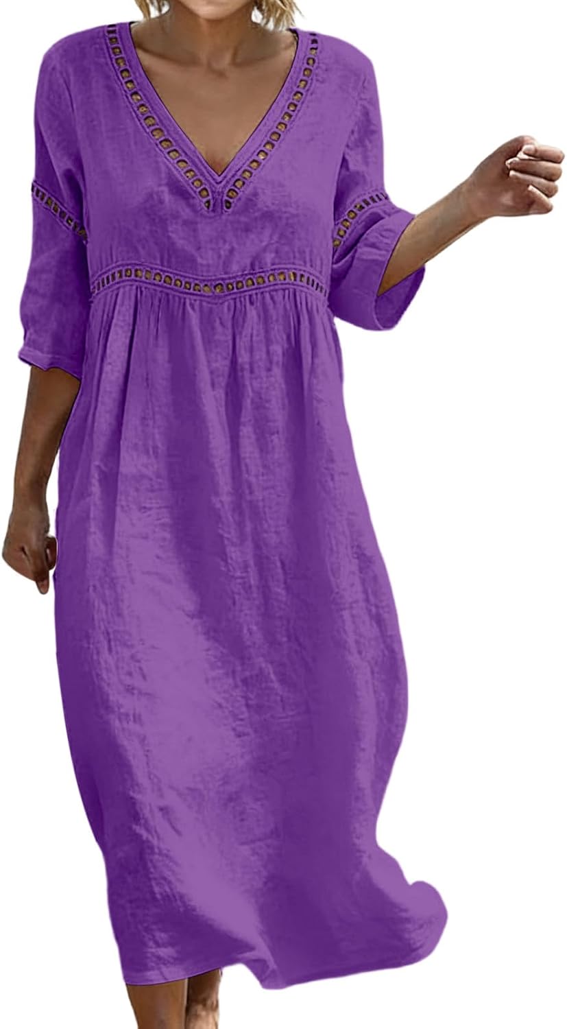 Summer Dresses for Women UK,Bohemian 3/4 Sleeve Cotton Dresses Casual Loose Fit Boho Dress Breathable Comfortable Casual Solid Holiday Beach Travel Everyday Wear