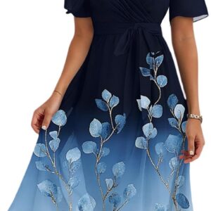 Floral Printed Wrap Dress Women Summer Casual Ladies Dresses Elegant V Neck Short Sleeve Midi Dress Lightweight Holiday Soft Clothing Fashion Wedding Guest Dresses