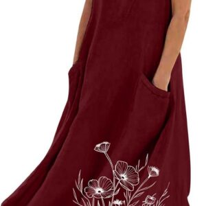 Cotton Linen Dress Maxi Kaftan Dresses for Women UK Elegant Sleeveless Casual Summer Dresses Plus Size Baggy Boho Sundress Floral Print Basic Tunic Dress Beach Holiday Boho Sundress with Pockets