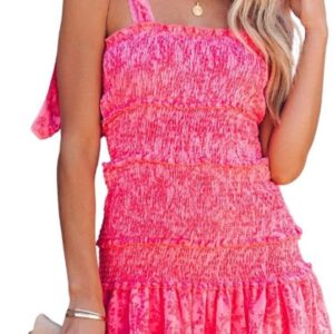 yoeasy Women Spaghetti Floral Print Tiered Tie Slim Fit Short Dresses Summer Sleeveless Ruffle Smocked Mini Dress