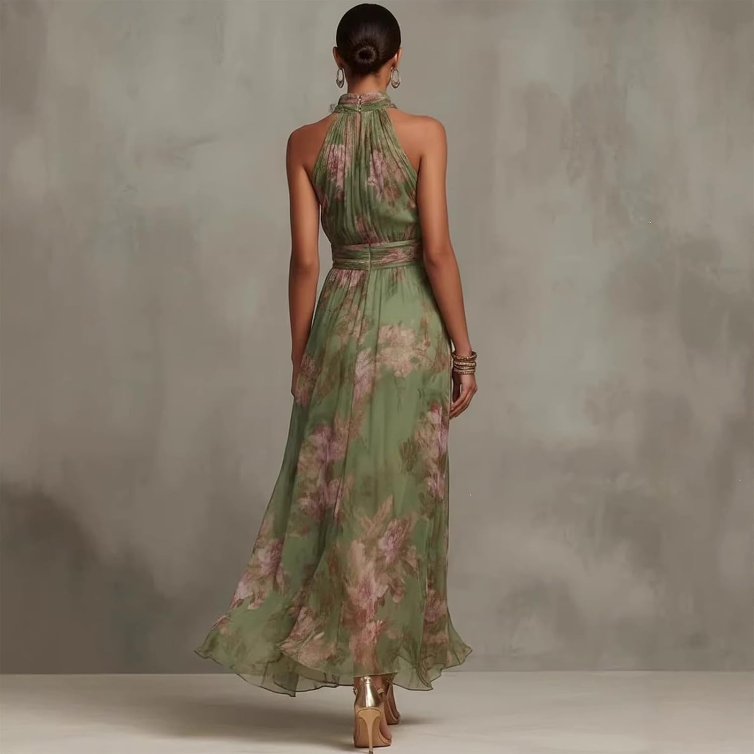 Women's Halter Neck Floral Print Maxi Dress Ruched Flowy Long Dresses Fit and Flare High Waisted Elegant Cocktail Wedding Guest Sundress Sleeveless Off Shoulder Bohemian Outfits - Image 3