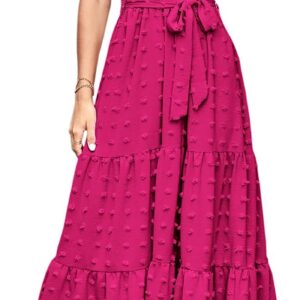 MASCOMODA Womens Summer Swiss Dot Maxi Dressses Wrap V Neck Flutter Short Sleeve Boho Casual Flowy Long Wedding Guest Dress