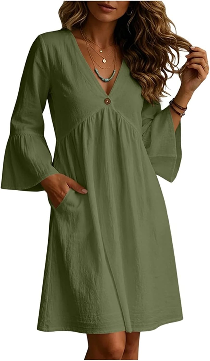 Summer Dress for Women UK V Neck 3/4 Sleeve Ruffle Dresses with Pockets Ladies Solid Color Boho Beach Midi Dresses Oversized Tunic Baggy Casual Long Dress Floaty Summer Sundress for Office Work - Image 4