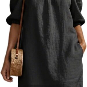 Zeiayuas Off Shoulder Dress Women UK Elegant Cotton Linen Dresses Shirred Bubble Short Sleeve Mini Dress Boho Casual Beach Holiday Sundress Ladies A-Line Vintage Milk Maid Dresses with Pockets