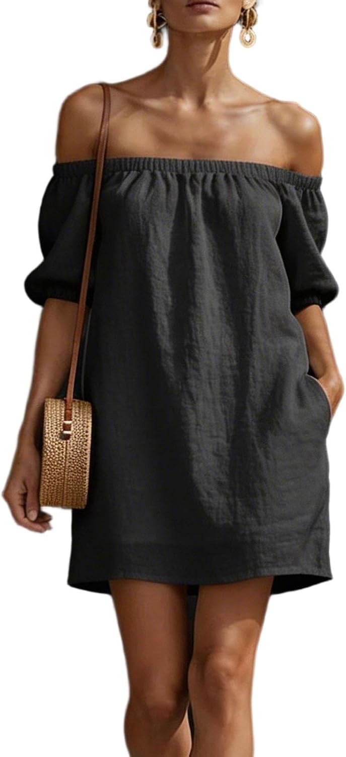 Zeiayuas Off Shoulder Dress Women UK Elegant Cotton Linen Dresses Shirred Bubble Short Sleeve Mini Dress Boho Casual Beach Holiday Sundress Ladies A-Line Vintage Milk Maid Dresses with Pockets