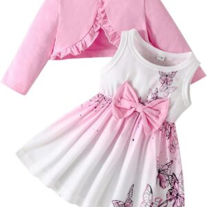 Kids Girls Dress and Cardigan Set Butterfly Heart Floral Sleeveless Tank Sundress Solid Ruffle Coat Toddler Baby Outfit Girl Autumn Spring Clothes
