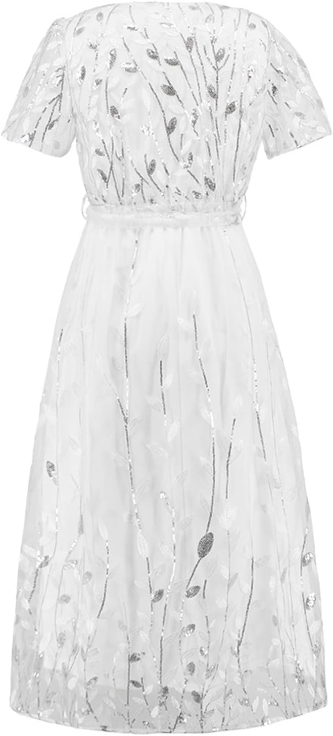 Zeiayuas Cocktail Party Work Dress for Women UK Elegant V Neck Short Sleeve Midi Dress Evening Party Formal Tunic Dresses Ladies Embroidered Floral Lace Mesh Dresses - Image 4