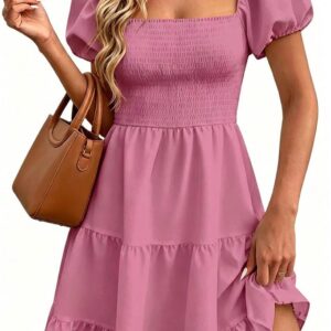Wenrine Womens Puff Sleeve Babydoll Dress Summer Floral Square Neck Smocked Casual Off Shoulder Ruffle Boho Mini Dresses