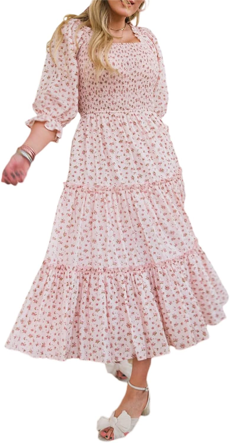 FeMereina Mommy and Me Floral Dresses Boho Flowy Long Sleee Smocked Tiered Spring Fall Mother Daughter Matching Dresses - Image 4