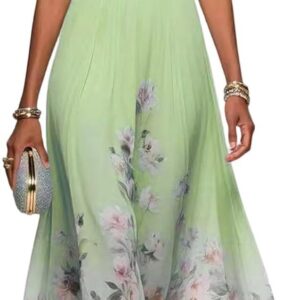 Women Deep V Neck Floral Chiffon Maxi Dress Sleeveless Empire Waist Formal Occasion Dress Lightweight Breathable Wedding Guest Evening Party Wear