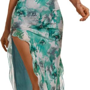 DRESSTELLS Women Formal Wedding Guest Long Cocktail Party One Shoulder Mesh Ruched Bodycon Slit Dress