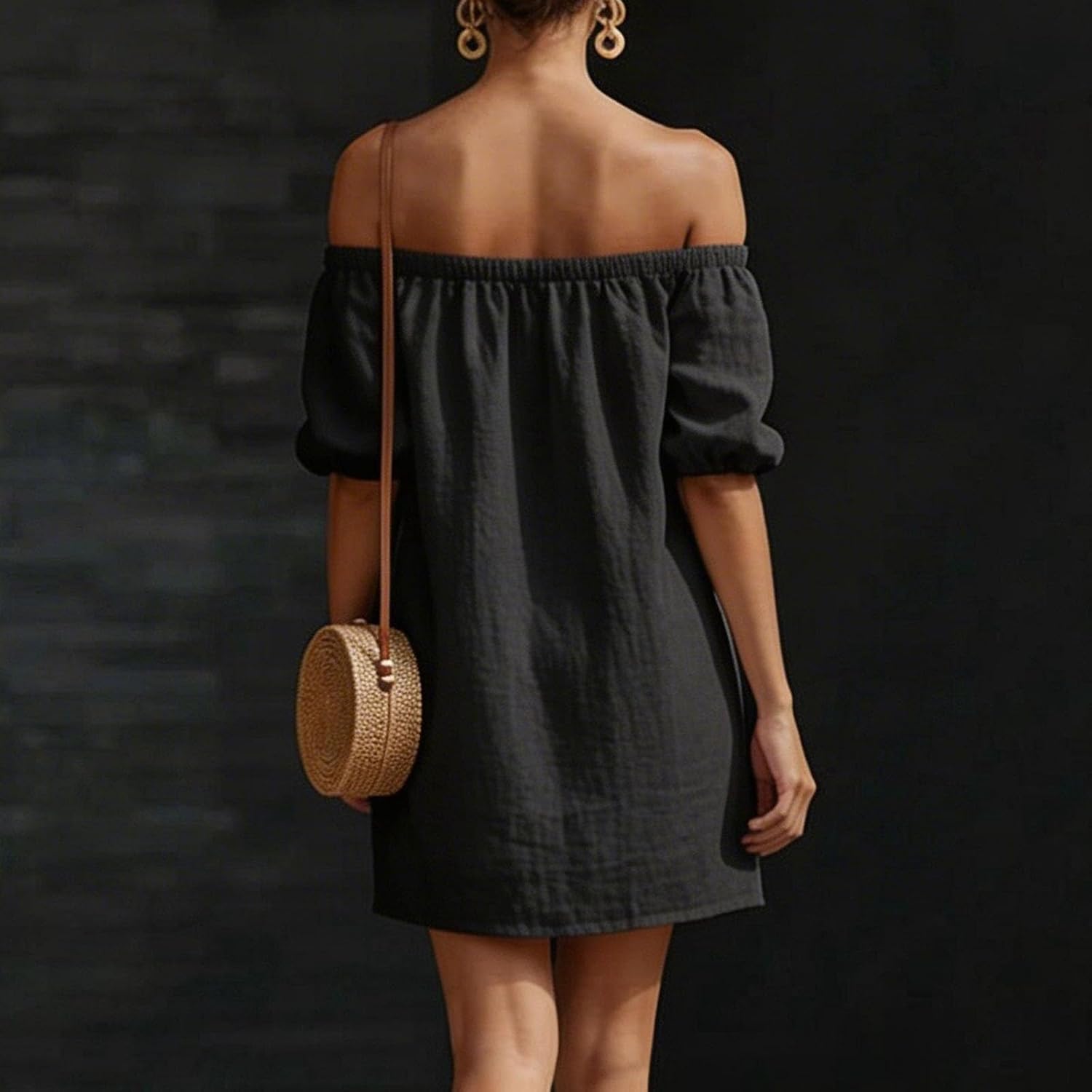 Zeiayuas Off Shoulder Dress Women UK Elegant Cotton Linen Dresses Shirred Bubble Short Sleeve Mini Dress Boho Casual Beach Holiday Sundress Ladies A-Line Vintage Milk Maid Dresses with Pockets - Image 2