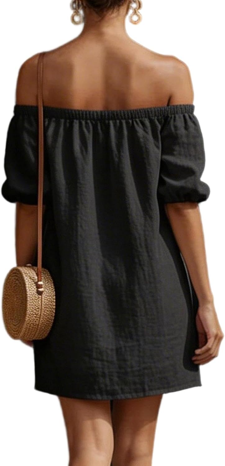 Zeiayuas Off Shoulder Dress Women UK Elegant Cotton Linen Dresses Shirred Bubble Short Sleeve Mini Dress Boho Casual Beach Holiday Sundress Ladies A-Line Vintage Milk Maid Dresses with Pockets - Image 4