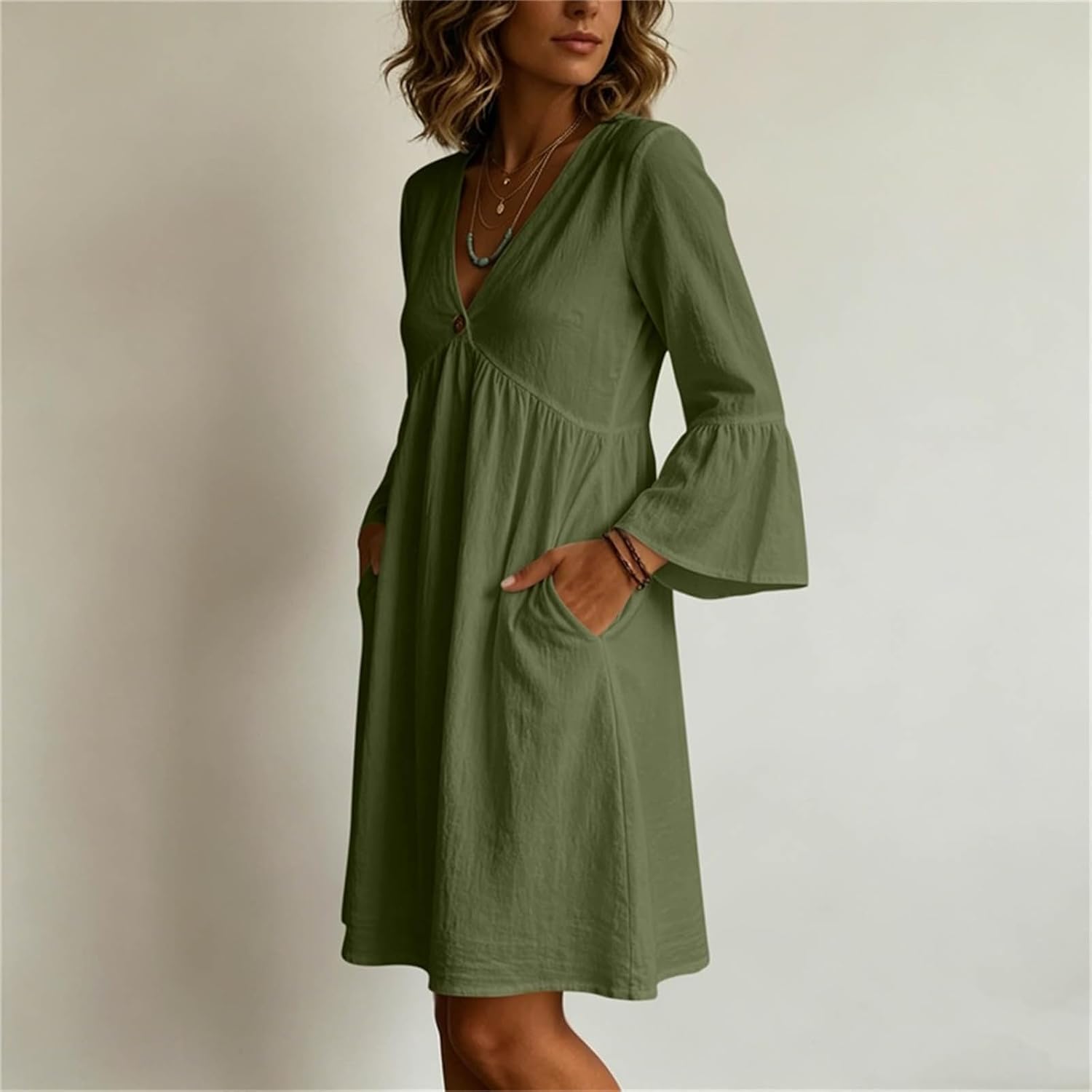 Summer Dress for Women UK V Neck 3/4 Sleeve Ruffle Dresses with Pockets Ladies Solid Color Boho Beach Midi Dresses Oversized Tunic Baggy Casual Long Dress Floaty Summer Sundress for Office Work - Image 5