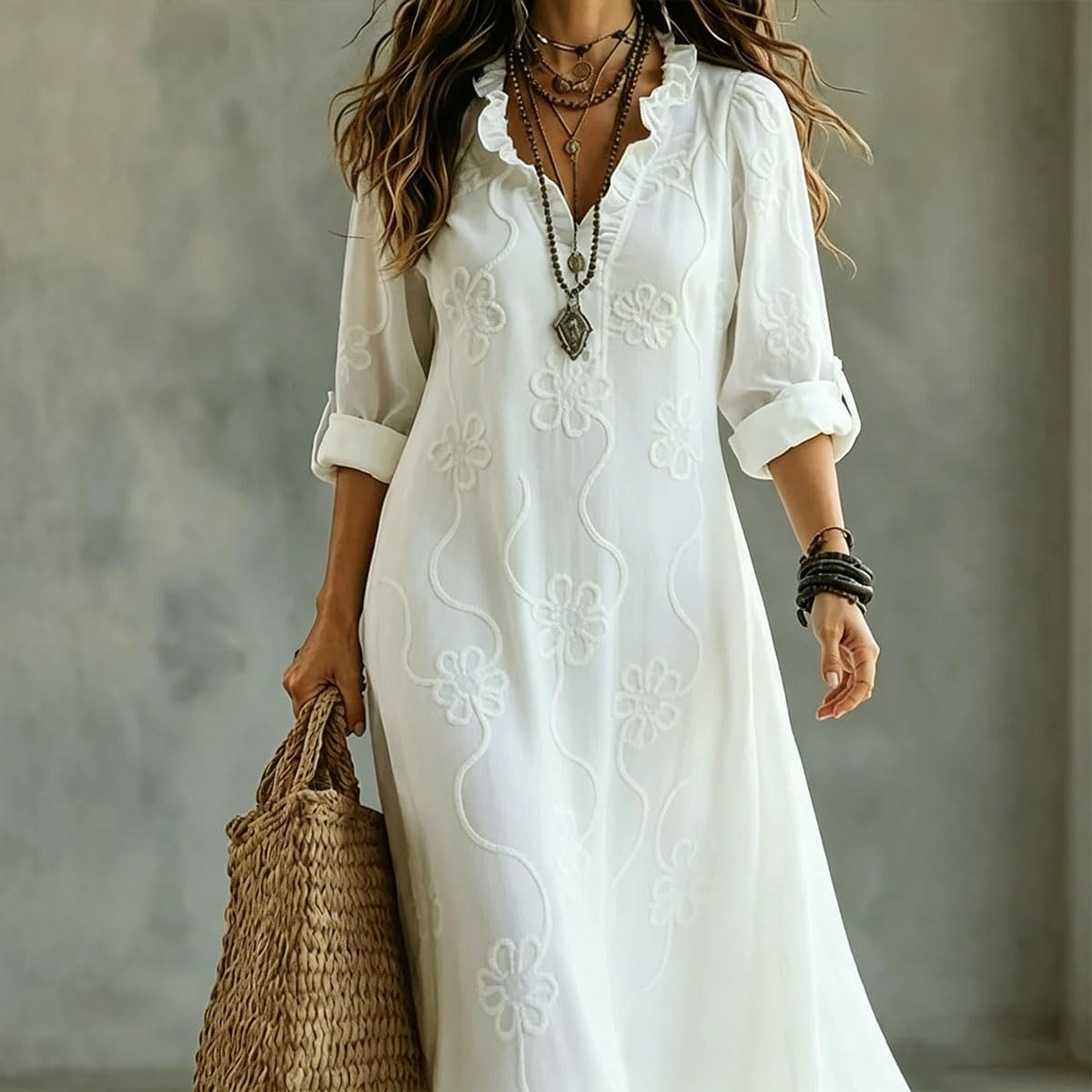 Women's Bohemian Style Floral Maxi Dress Ruffle Trim V Neck Long Sleeve Dress Casual Loose Dresses for Beach Vacation - Image 2
