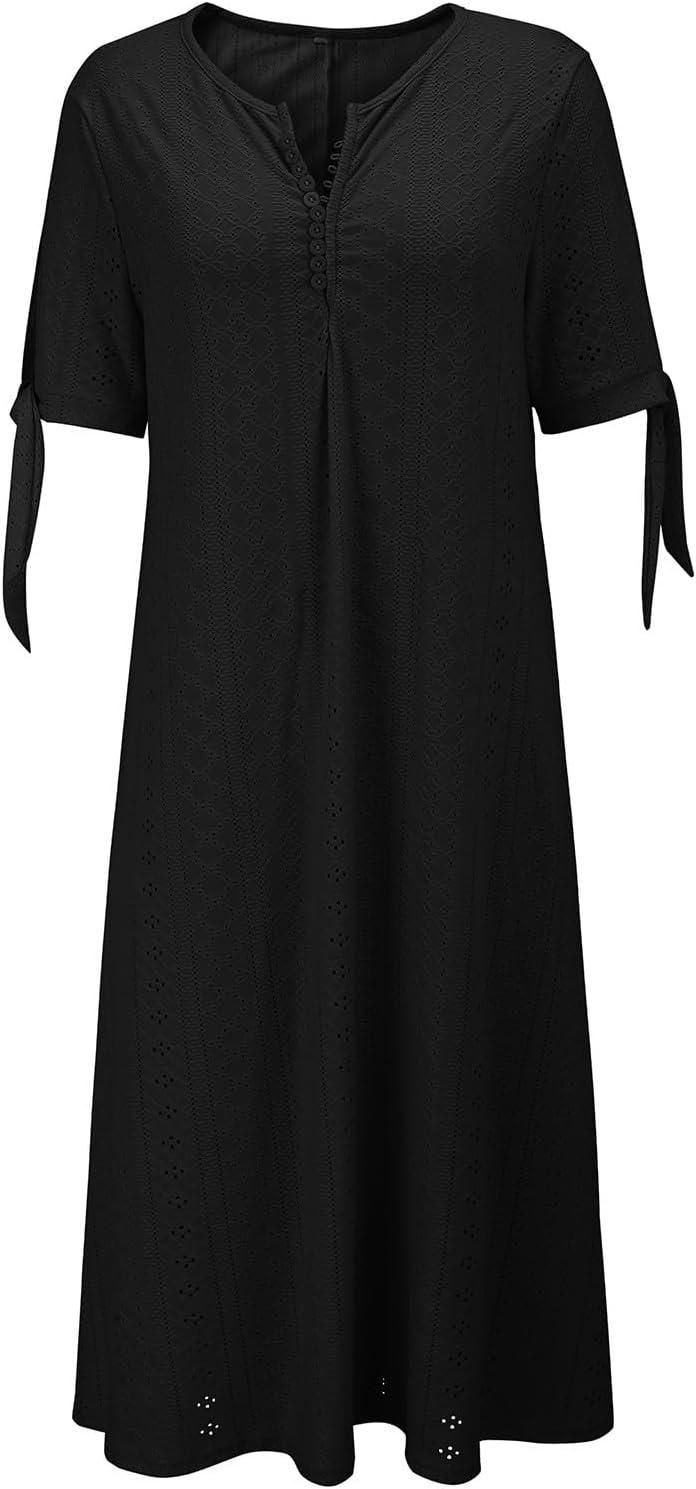 HOOUDO Summer Dresses for Women UK Loose Casual Maxi Dress Short Sleeve V Neck Tunic Flowy Pleated Beach Sundress Plus Size Ladies Boho Dress Holiday Dresses - Image 3