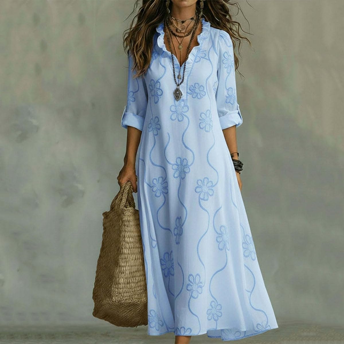 Women's Bohemian Style Floral Maxi Dress Ruffle Trim V Neck Long Sleeve Dress Casual Loose Dresses for Beach Vacation - Image 5