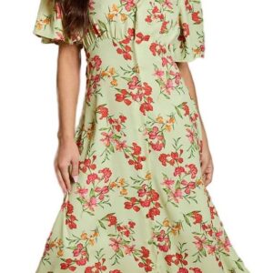 Dorothy Perkins Petite Green Floral Button Front Angel Sleeve Tie Back Midi Dress