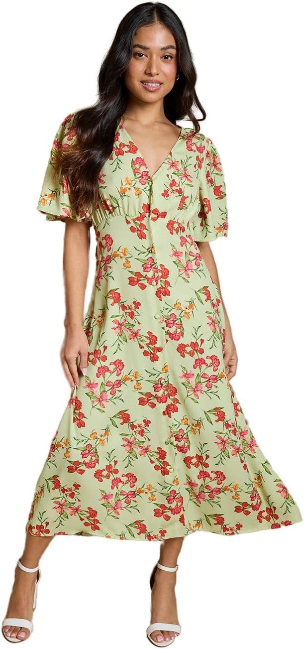 Dorothy Perkins Petite Green Floral Button Front Angel Sleeve Tie Back Midi Dress