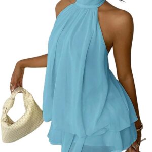 Women’s Mini Backless Halter Flowy Summer Dress Ruffle Sleeveless Short Sundess A Line Cute Dresses for Womens