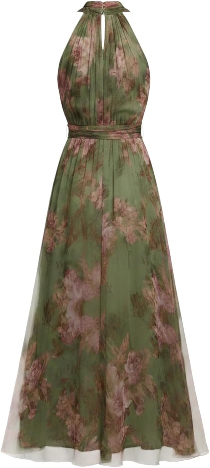 Women's Halter Neck Floral Print Maxi Dress Ruched Flowy Long Dresses Fit and Flare High Waisted Elegant Cocktail Wedding Guest Sundress Sleeveless Off Shoulder Bohemian Outfits - Image 5