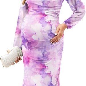 AISWI Women’s Ribbed Knit Maternity Dress Frill Trim Flowy Shift High Waisted A-Line Round Neck Short Pregnancy Dresses