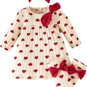 3Pcs Baby Girl Dress Infant Long Sleeve Outfit with Bow Headband+Socks Infant Cute Print Clothes for 1-12 Months