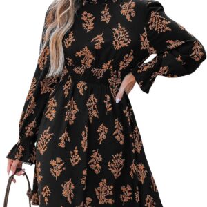 CUPSHE Women’s A-Line Mini Dress Flowy Swing Ditsy Floral Print Long Sleeve Round Neck Smocked Fall Party Casual Dress