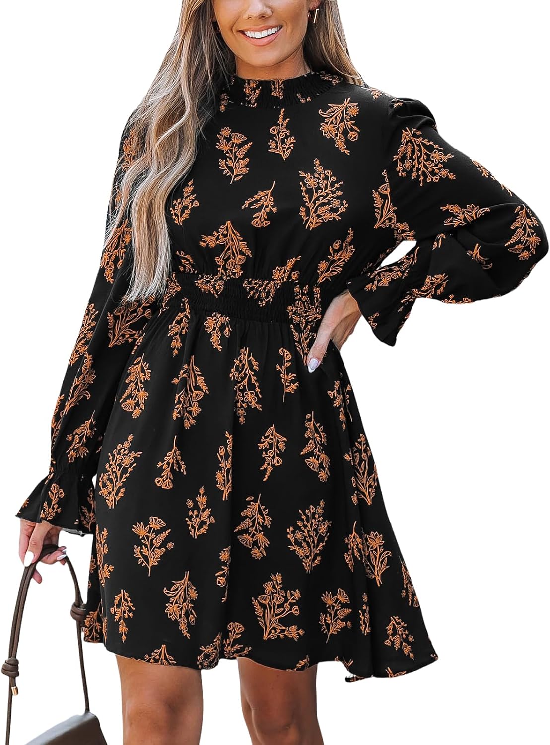 CUPSHE Women's A-Line Mini Dress Flowy Swing Ditsy Floral Print Long Sleeve Round Neck Smocked Fall Party Casual Dress