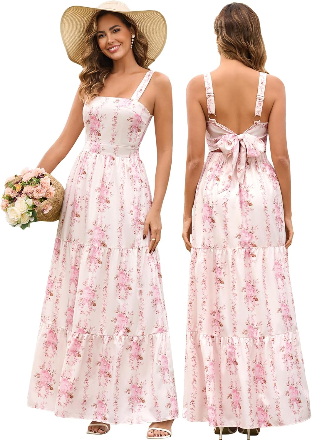 HTZMO Womens Summer Wedding Guest Floral Maxi Sundress Square Neck Back Bow Tie Flowy Boho Beach Vacation Long Dresses