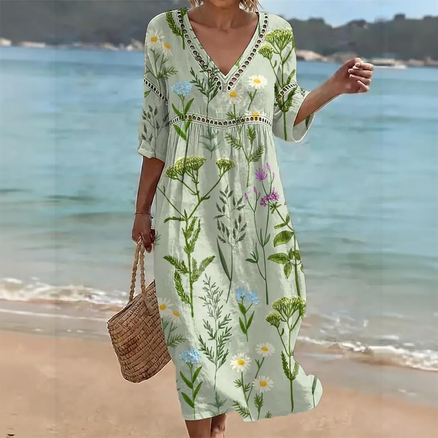 Summer Dresses for Women UK 3/4 Sleeve Print Boho Dress Casual Loose Fit Bohemian Dress Breathable Comfortable Ladies Summer Dresses Elegant Holiday Beach Travel Everyday Wear - Image 2