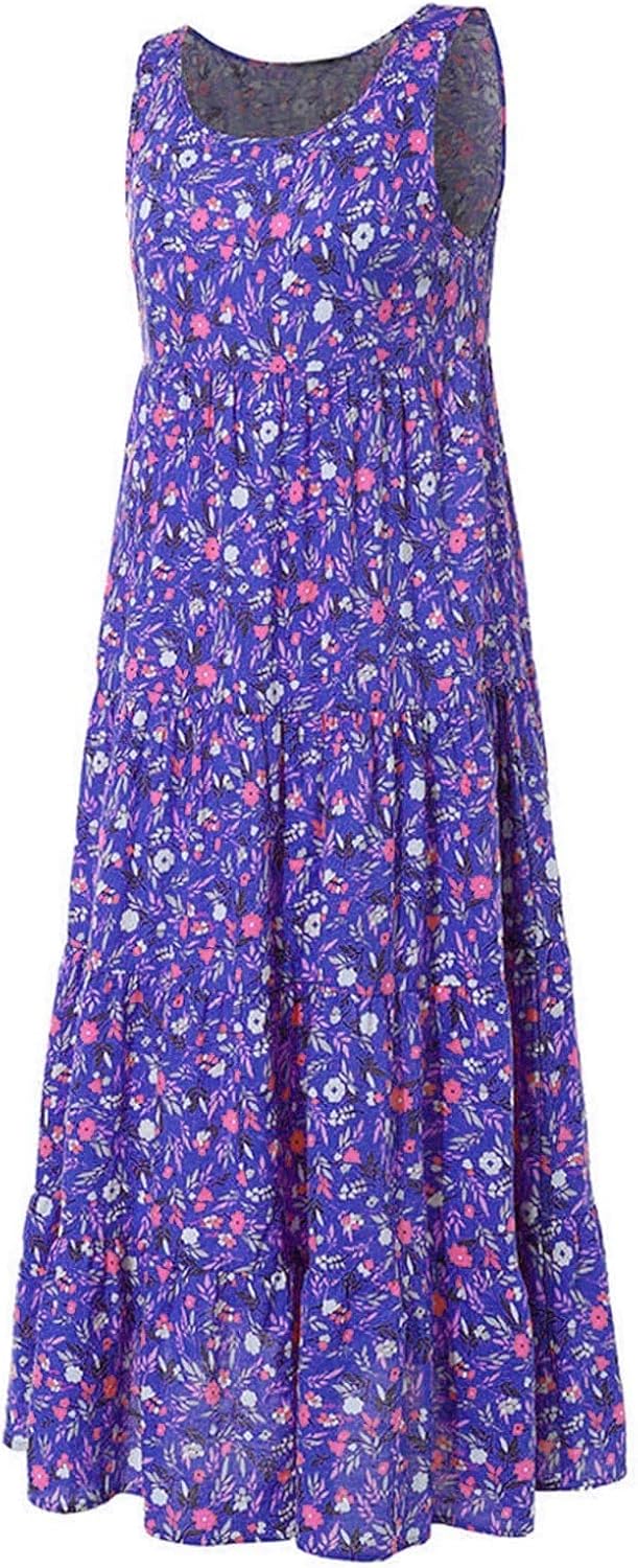 Women's Cotton Linen Dress Floral Maxi Long Dress Casual Sleeveless Crewneck A Line Dress Plus Size Swing Dress Vintage Bohemian Loose Dresses Pageant Prom Ball Gowns Cocktail Dresses UK Size - Image 5