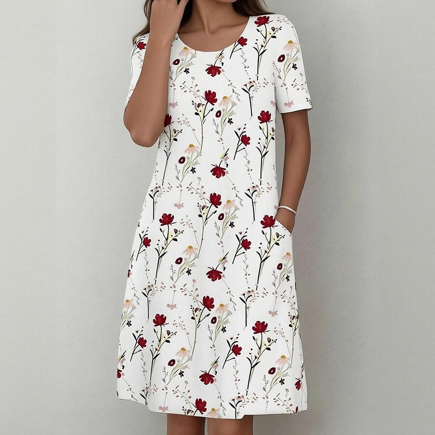 Women's Floral Print Round Neck Half Sleeve Loose Midi Dress with Pockets - Image 2