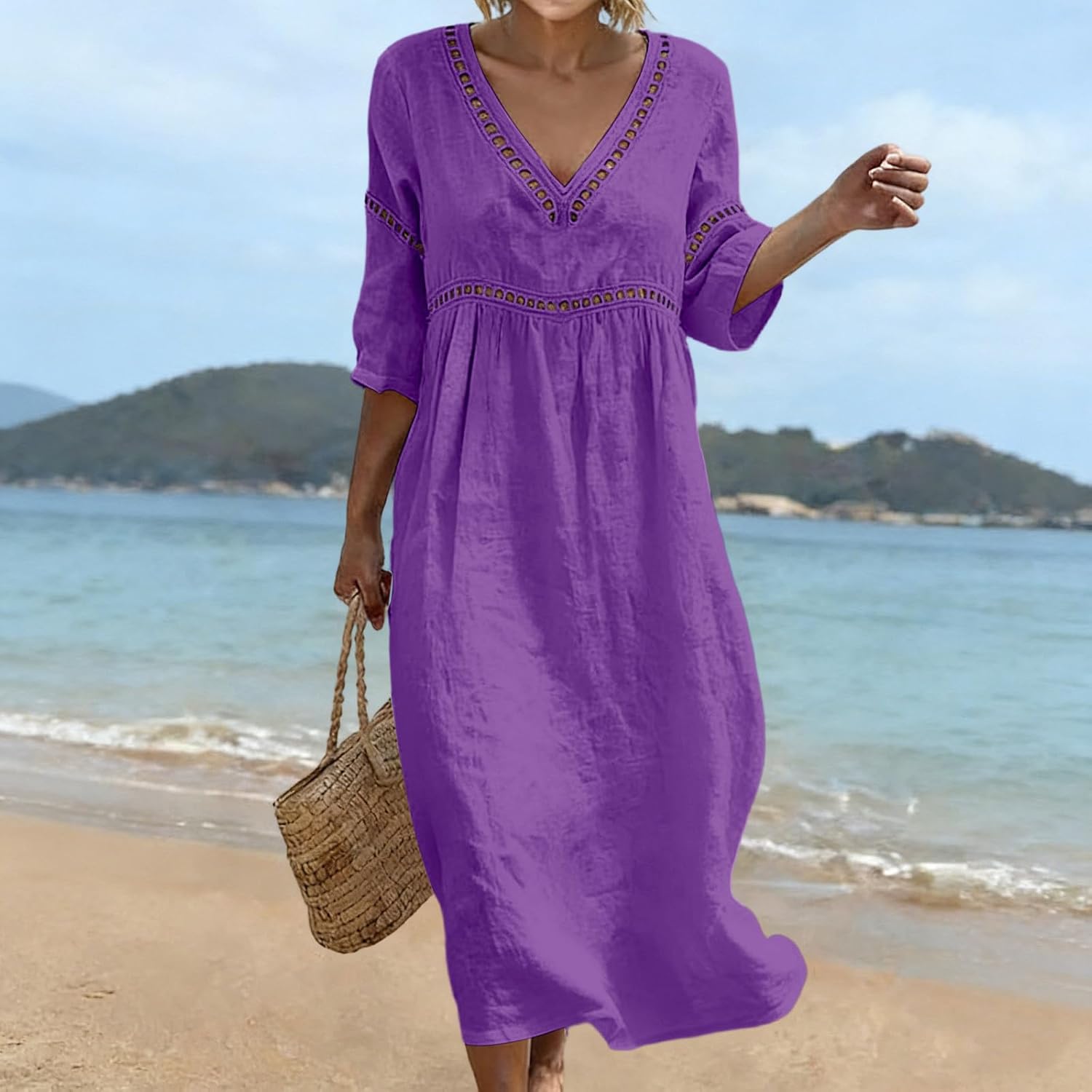 Summer Dresses for Women UK,Bohemian 3/4 Sleeve Cotton Dresses Casual Loose Fit Boho Dress Breathable Comfortable Casual Solid Holiday Beach Travel Everyday Wear - Image 2