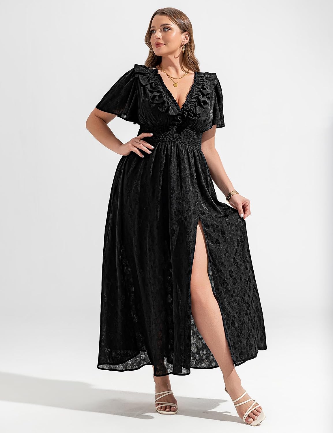 EYWOL Women's Plus Size 2025 Chiffon Maxi Dress V Neck Elastic Waist Long Flowy Dresses for Wedding Guest - Image 3