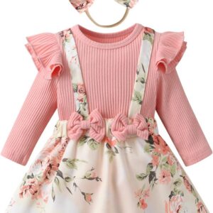 Baby Girl Clothes Dress Long Ruffle Sleeve Outfits Floral Suspender Skirt