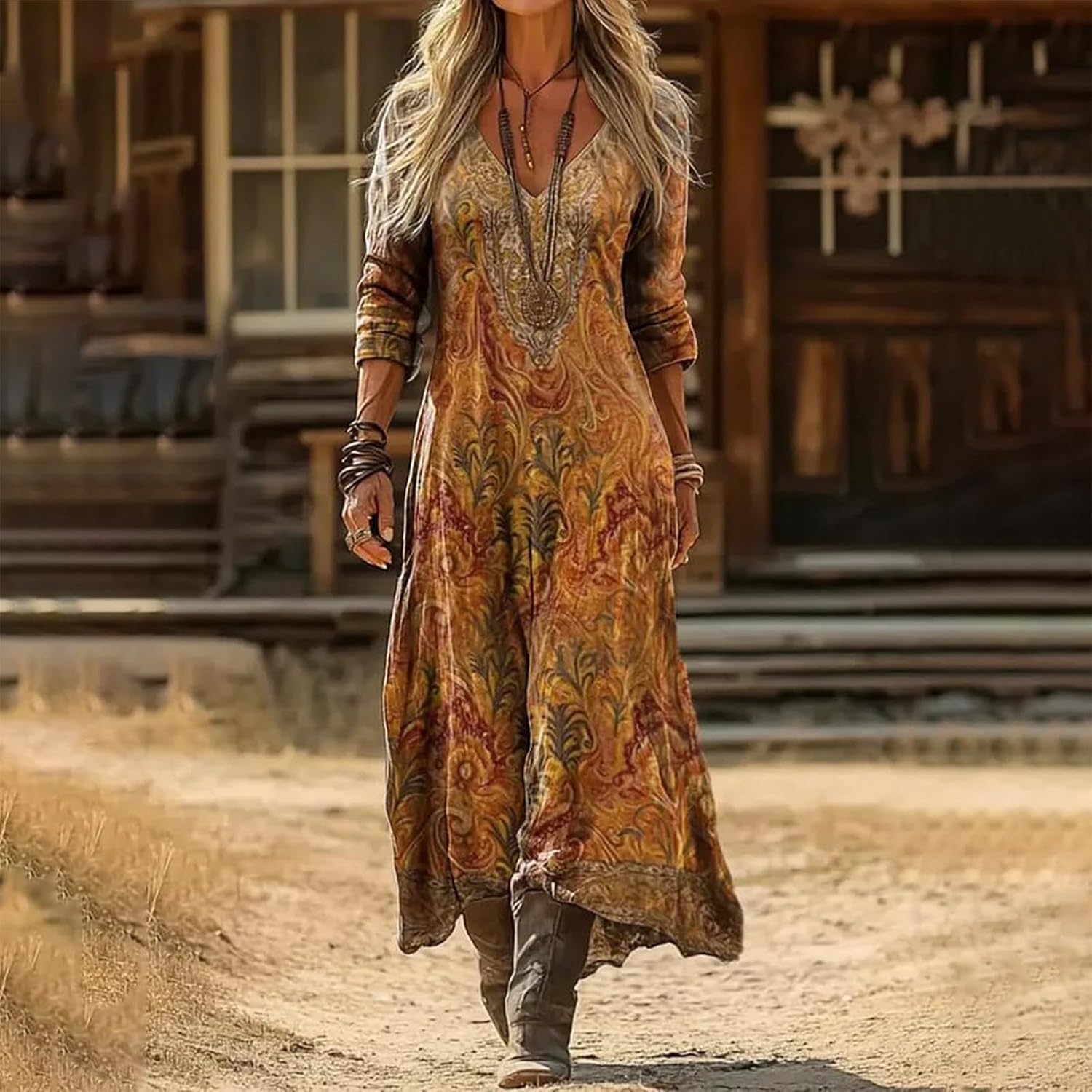 Women Western Style Dresses Irregular Boho Floral Print Vintage Maxi Dress - Image 2