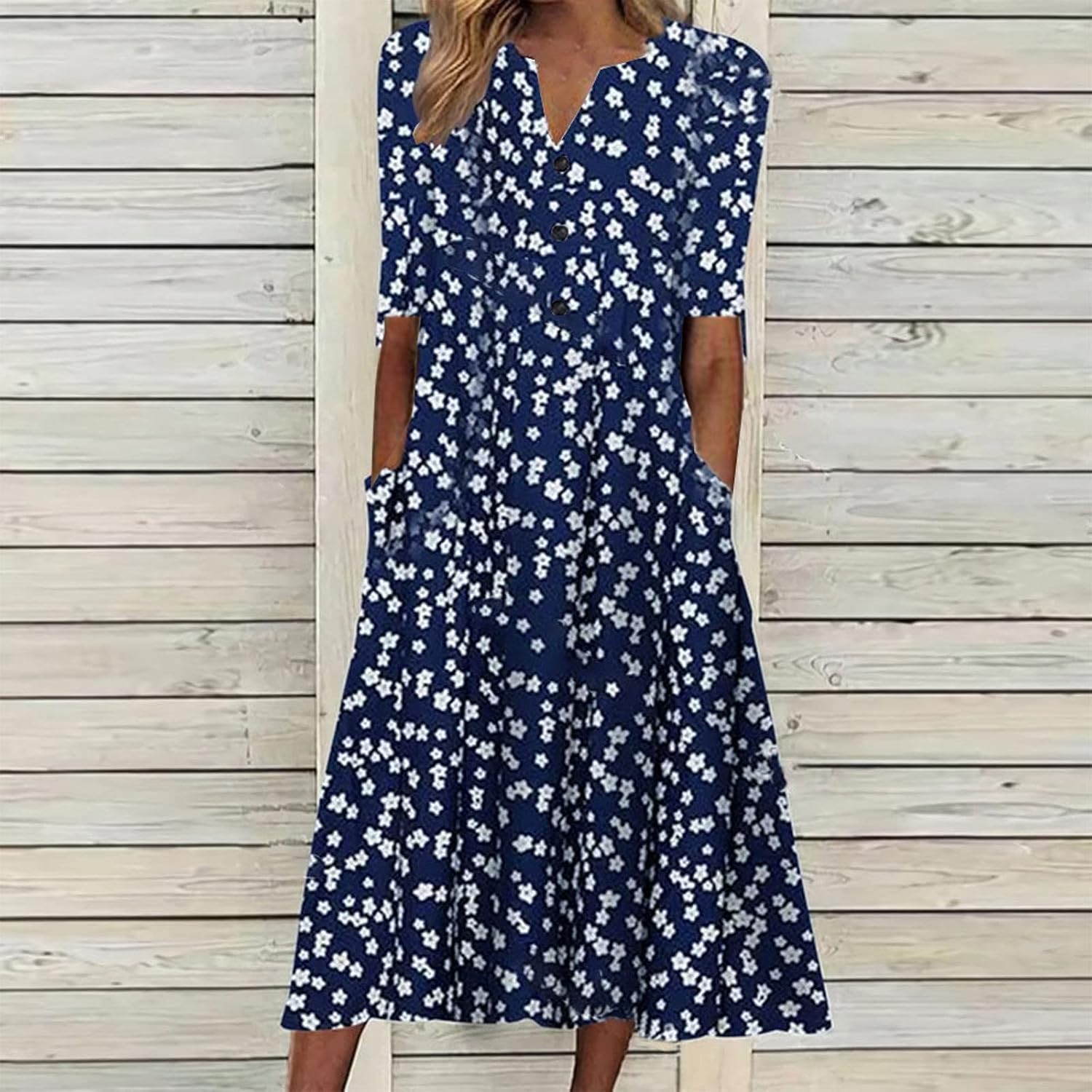 Midi Dresses for Women UK Short Sleeve V Neck Button Floral Dress Summer Casual Loose Fit Long Dresses with Pockets Comfy Lounge T Shirts Dress Beach Holiday Plus Size Elegant Sundress Sale - Image 2